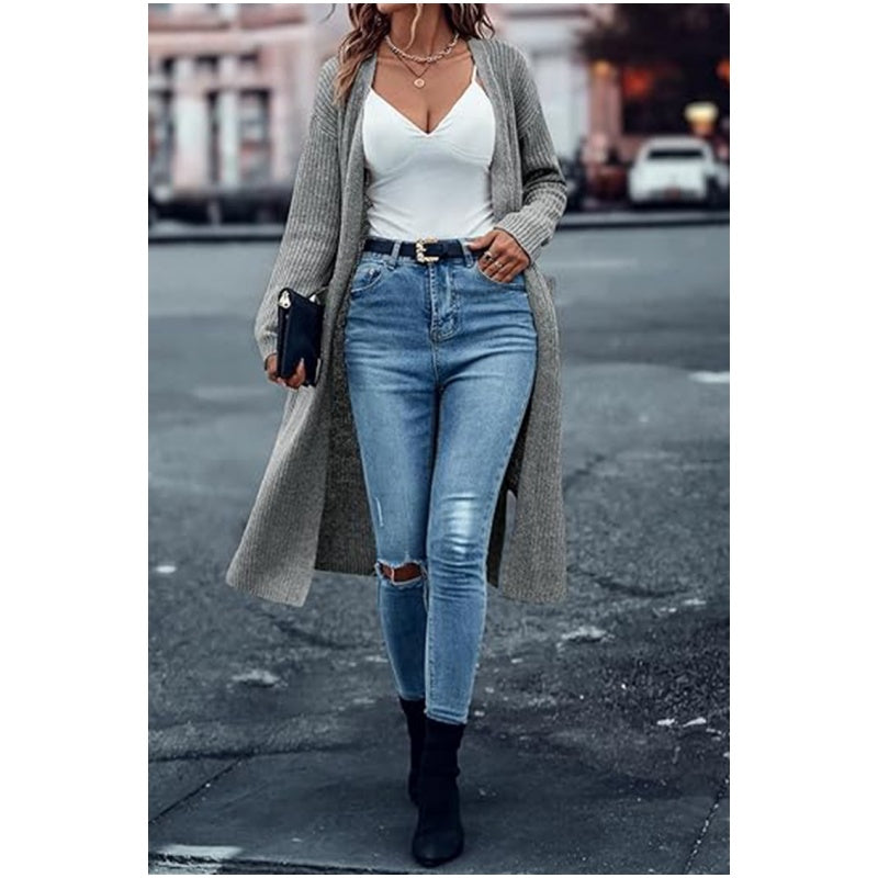 🎅✨Einfarbiger, vorne zu öffnender Pullover in lockerer Passform mit Taschen