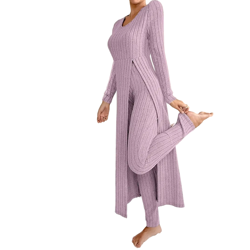 📢🎉🛍️✨ 2-teiliges Damen-Set: geripptes Longline-Top & schmale Hose
