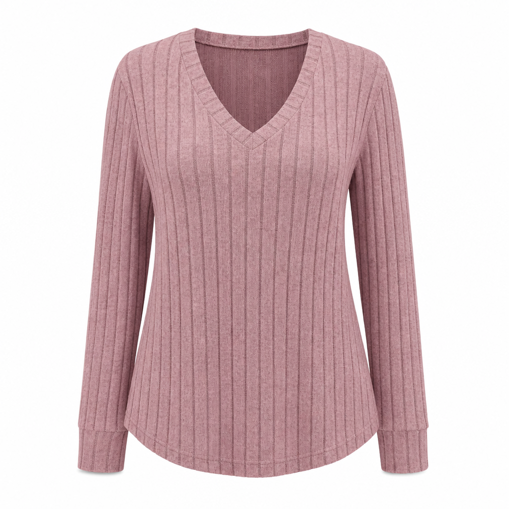 📢🎉🛍️✨Damen Übergrößen V-Ausschnitt Langarm Geripptes Gebürstetes T-Shirt Locker Sitzendes Einfarbiges Pullover-Oberteil