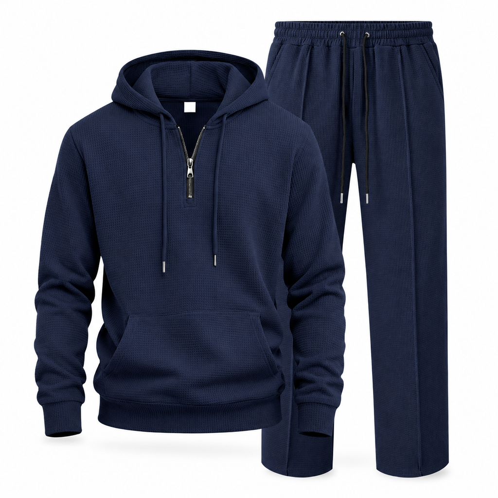 Lässiger 2-teiliger Trainingsanzug für Herren aus Waffelstrick – Kapuzenpullover mit halbem Reißverschluss und Hose mit geradem Bein