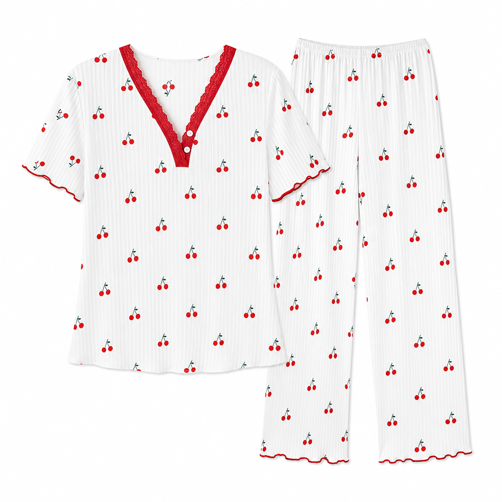 Bedrucktes Pyjama-Set für Damen, kurzärmliges Oberteil und lange Hose