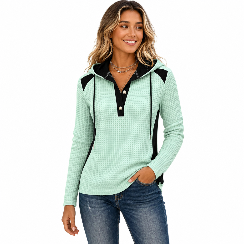 Damen Freizeit Kapuzenpullover aus Waffelstrick mit Patchwork-Design