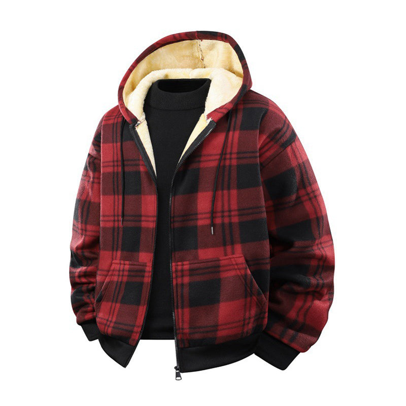 Warme karierte Herren Winterjacke mit Kapuze