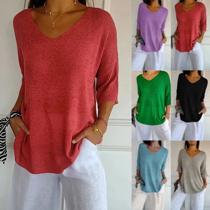 【M-4XL】💖 Едноцветен плетен топ с V-образно деколте