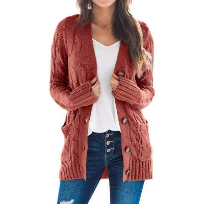 Damen Herbst Casual Langarm Button Down Open Front Zopfmuster Strickjacke