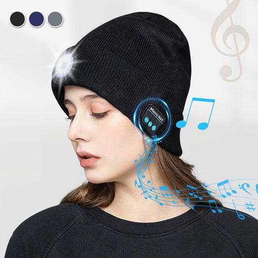 Плетена шапка със сменяема Bluetooth слушалка с LED фар