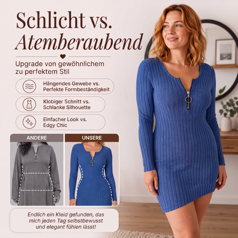 📢📢🎉✨Damen Rippstrickkleid mit Frontreißverschluss – Figurbetonter Schnitt, praktischer Zipper