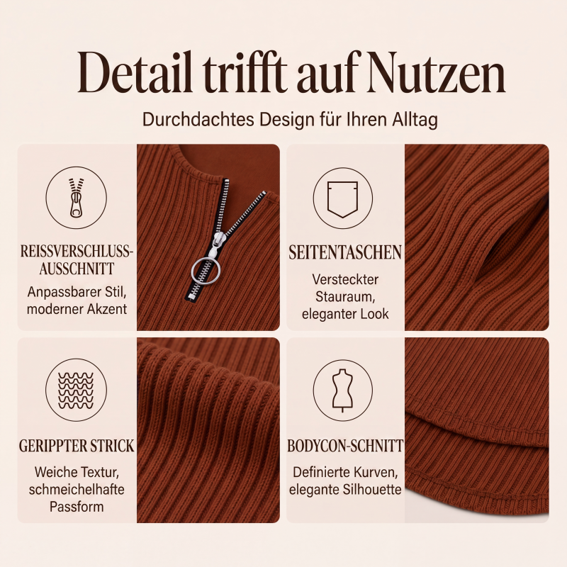📢📢🎉✨Damen Rippstrickkleid mit Frontreißverschluss – Figurbetonter Schnitt, praktischer Zipper