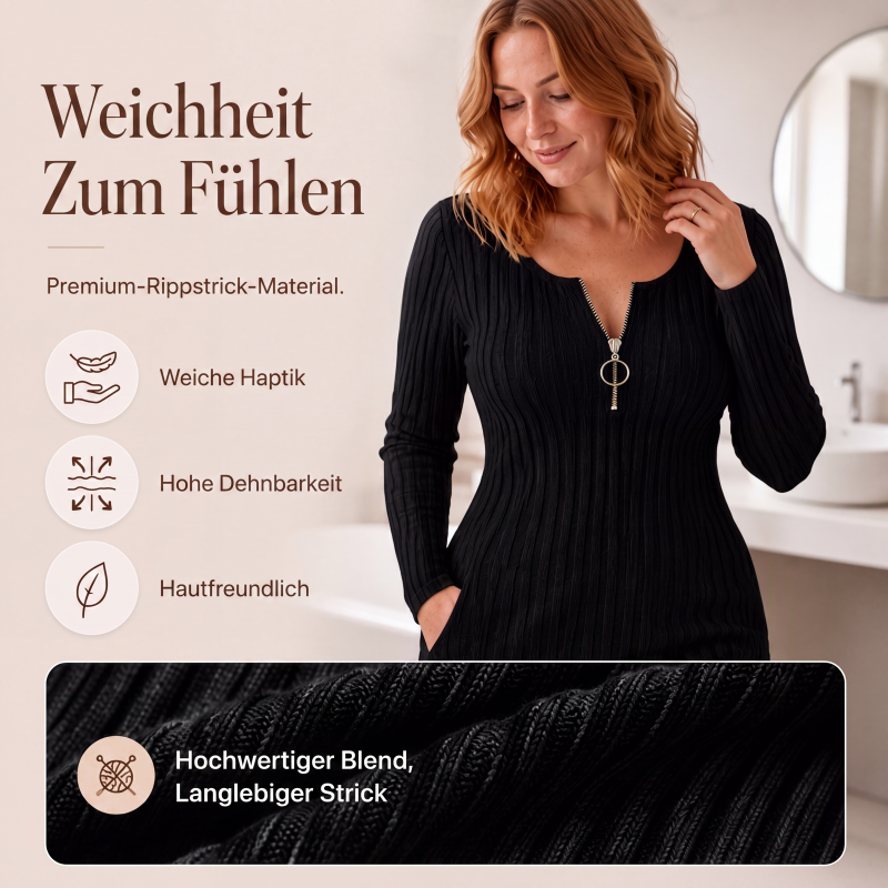📢📢🎉✨Damen Rippstrickkleid mit Frontreißverschluss – Figurbetonter Schnitt, praktischer Zipper