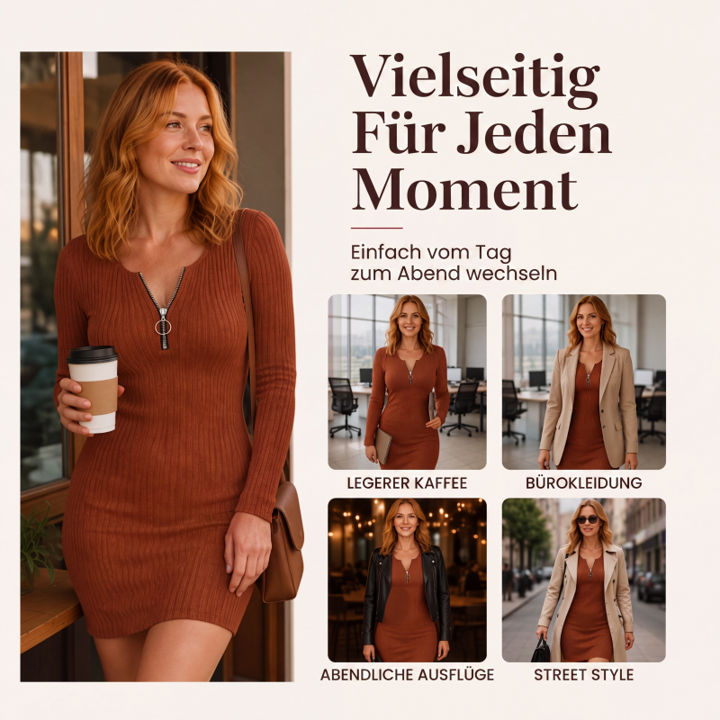 📢📢🎉✨Damen Rippstrickkleid mit Frontreißverschluss – Figurbetonter Schnitt, praktischer Zipper