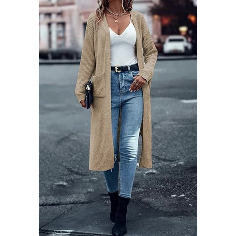 🎅✨Einfarbiger, vorne zu öffnender Pullover in lockerer Passform mit Taschen