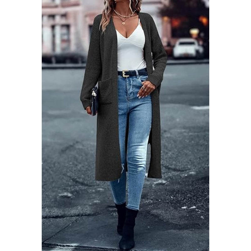 🎅✨Einfarbiger, vorne zu öffnender Pullover in lockerer Passform mit Taschen