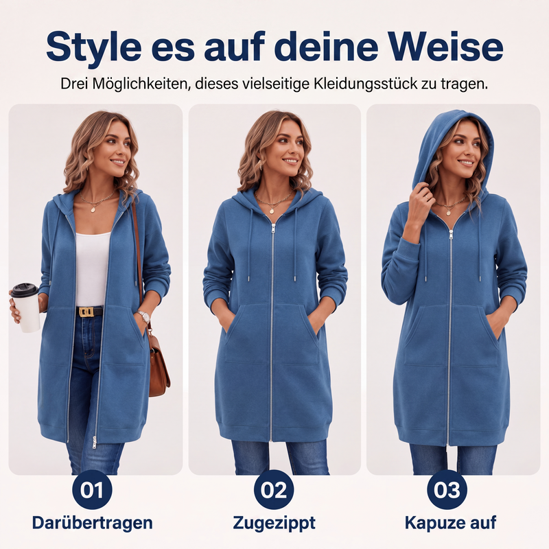 🧥 Lässig, bequem & vielseitig – Damen Kapuzenjacke in längerer Passform