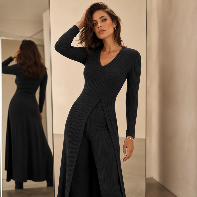 📢🎉🛍️✨ 2-teiliges Damen-Set: geripptes Longline-Top & schmale Hose