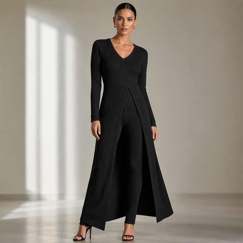 📢🎉🛍️✨ 2-teiliges Damen-Set: geripptes Longline-Top & schmale Hose