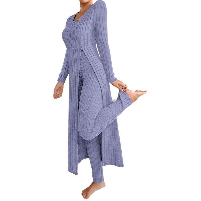 📢🎉🛍️✨ 2-teiliges Damen-Set: geripptes Longline-Top & schmale Hose