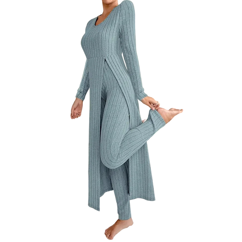📢🎉🛍️✨ 2-teiliges Damen-Set: geripptes Longline-Top & schmale Hose