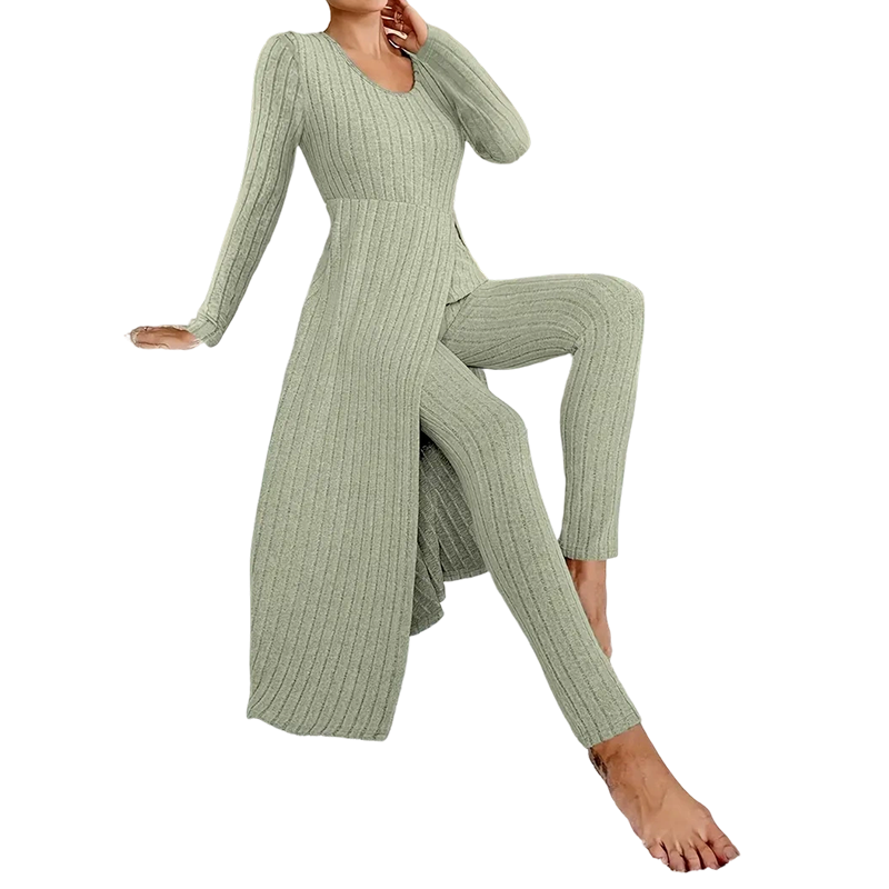 📢🎉🛍️✨ 2-teiliges Damen-Set: geripptes Longline-Top & schmale Hose