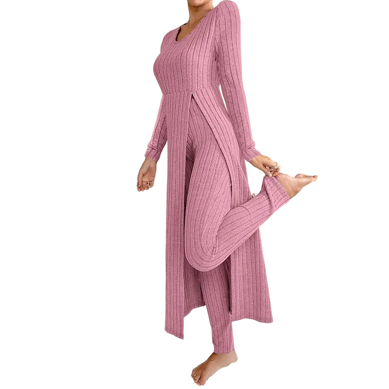 📢🎉🛍️✨ 2-teiliges Damen-Set: geripptes Longline-Top & schmale Hose