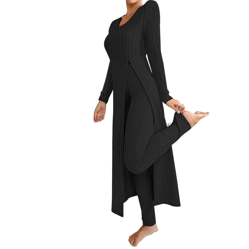 📢🎉🛍️✨ 2-teiliges Damen-Set: geripptes Longline-Top & schmale Hose