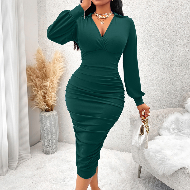 💎🔥  Damen V-Ausschnitt Ballonärmel gerafftes Bodycon-Kleid