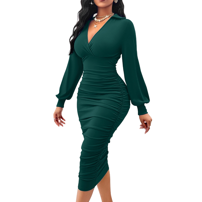 💎🔥  Damen V-Ausschnitt Ballonärmel gerafftes Bodycon-Kleid