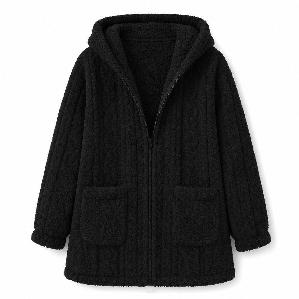 📦 🔥✨ Aktionsfavorit: Damen-Teddyjacke mit Kapuze und Reißverschluss – Kuschelige Wärme, Zopfstruktur & praktische Taschen 🧥