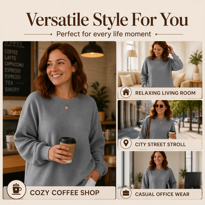 🎉✨ Damen Waffelstrick-Sweatshirt im Loose-Fit