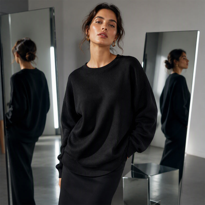 🎉✨ Damen Waffelstrick-Sweatshirt im Loose-Fit