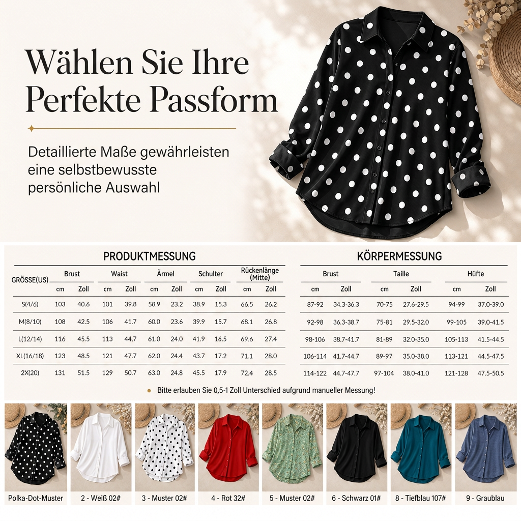 ✨💕 Damen-Bluse mit Polka-Dot-Print – Eleganter Hemdkragen, lange Ärmel & vielseitiger Freizeitstil 👚