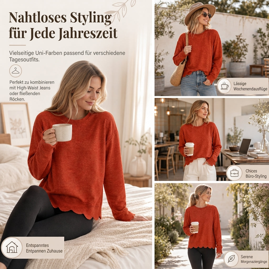 💨 Damen Sweatshirt mit Muschels-cut Saum und Rundhals