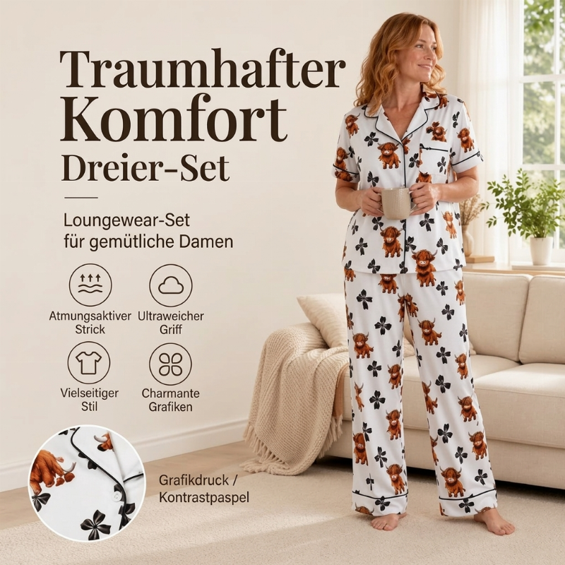 🧸💕 Damen-3-teiliges Pyjama-Set mit Teddybär-Print – Weich, gemütlich & vielseitig für entspannte Nächte 🌙