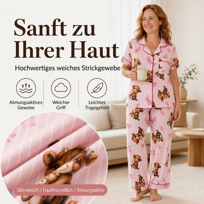 🧸💕 Damen-3-teiliges Pyjama-Set mit Teddybär-Print – Weich, gemütlich & vielseitig für entspannte Nächte 🌙