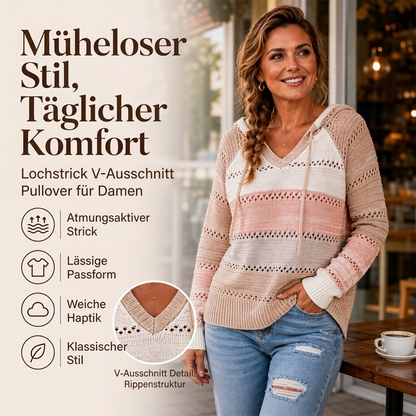 📢🎉🛍️✨Damen Kapuzen-Strickpullover mit Color-Block-Design und Lochstrick