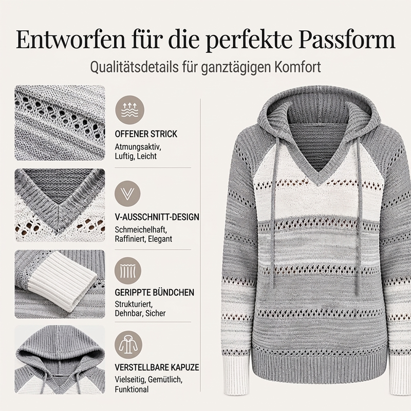 📢🎉🛍️✨Damen Kapuzen-Strickpullover mit Color-Block-Design und Lochstrick