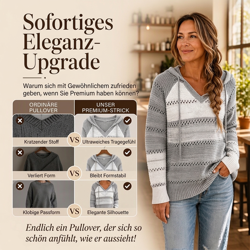 📢🎉🛍️✨Damen Kapuzen-Strickpullover mit Color-Block-Design und Lochstrick