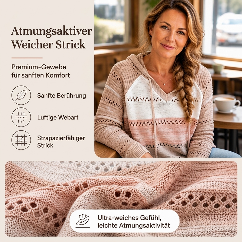 📢🎉🛍️✨Damen Kapuzen-Strickpullover mit Color-Block-Design und Lochstrick