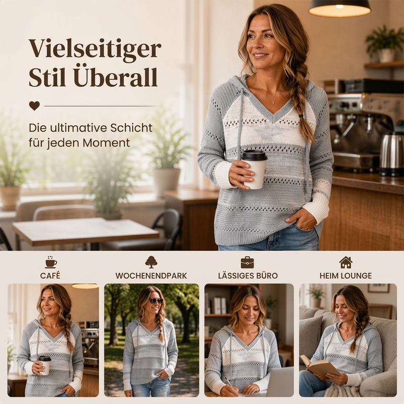 📢🎉🛍️✨Damen Kapuzen-Strickpullover mit Color-Block-Design und Lochstrick