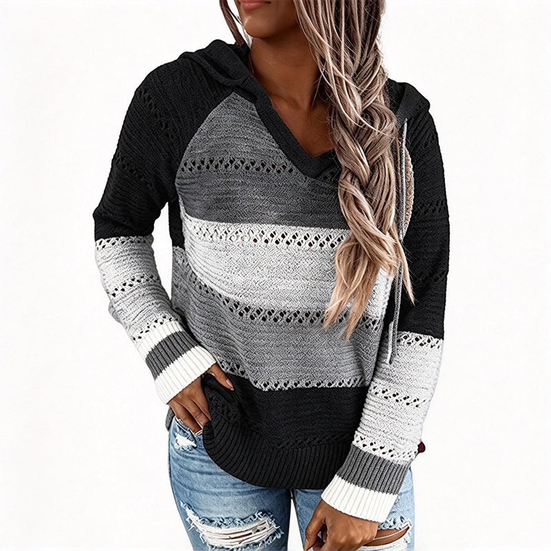 📢🎉🛍️✨Damen Kapuzen-Strickpullover mit Color-Block-Design und Lochstrick