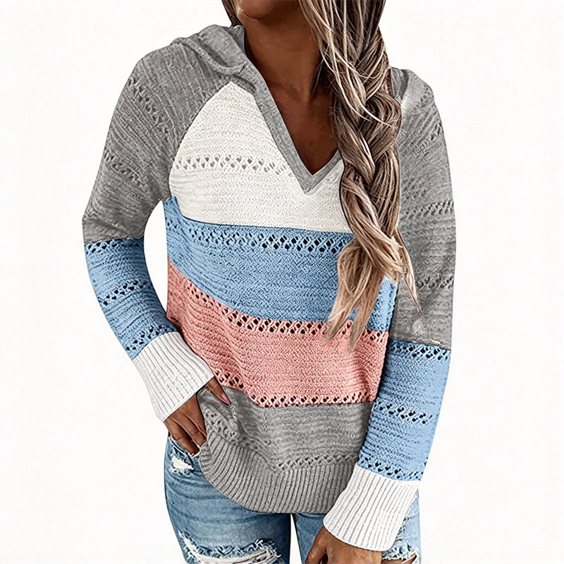 📢🎉🛍️✨Damen Kapuzen-Strickpullover mit Color-Block-Design und Lochstrick