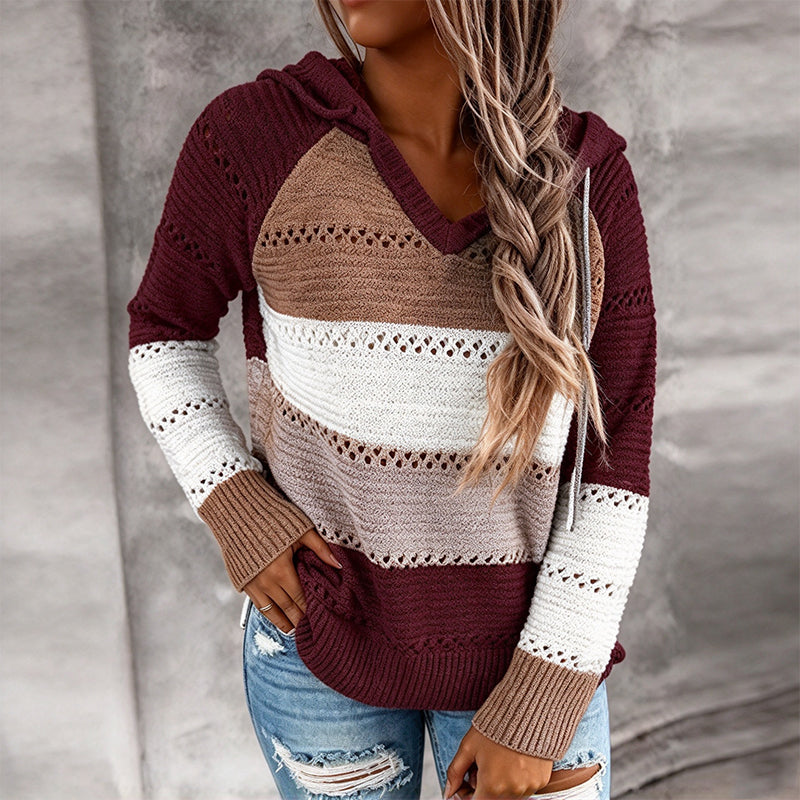 📢🎉🛍️✨Damen Kapuzen-Strickpullover mit Color-Block-Design und Lochstrick