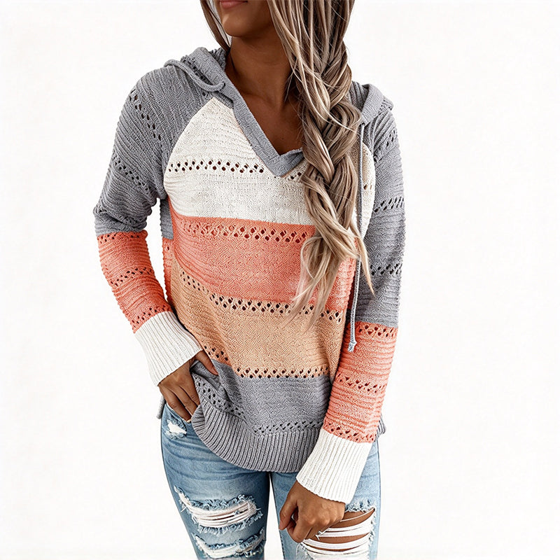 📢🎉🛍️✨Damen Kapuzen-Strickpullover mit Color-Block-Design und Lochstrick