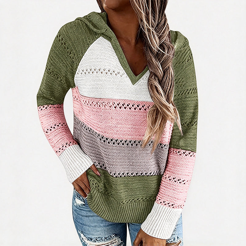 📢🎉🛍️✨Damen Kapuzen-Strickpullover mit Color-Block-Design und Lochstrick