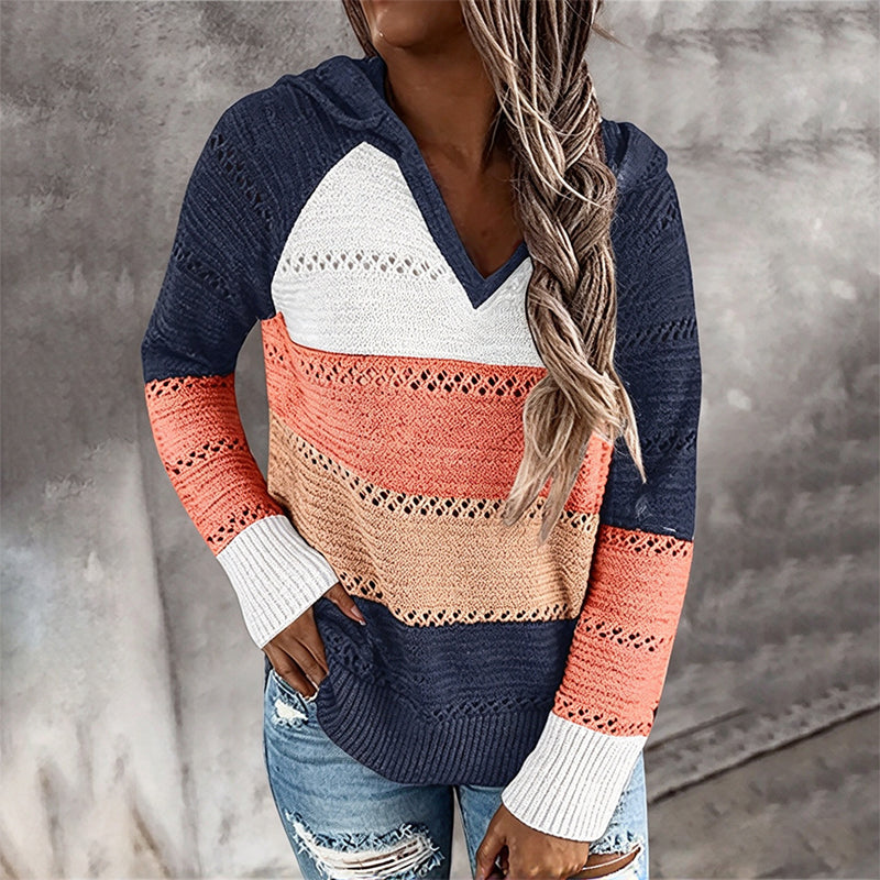 📢🎉🛍️✨Damen Kapuzen-Strickpullover mit Color-Block-Design und Lochstrick