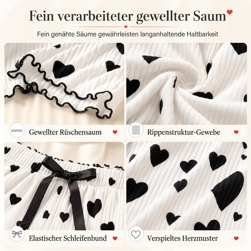 💞 🔥 Damen 2-Teilig Geripptes Pyjama-Set Mit Herzdruck Trägertop Und Langen Hosen Loungewear