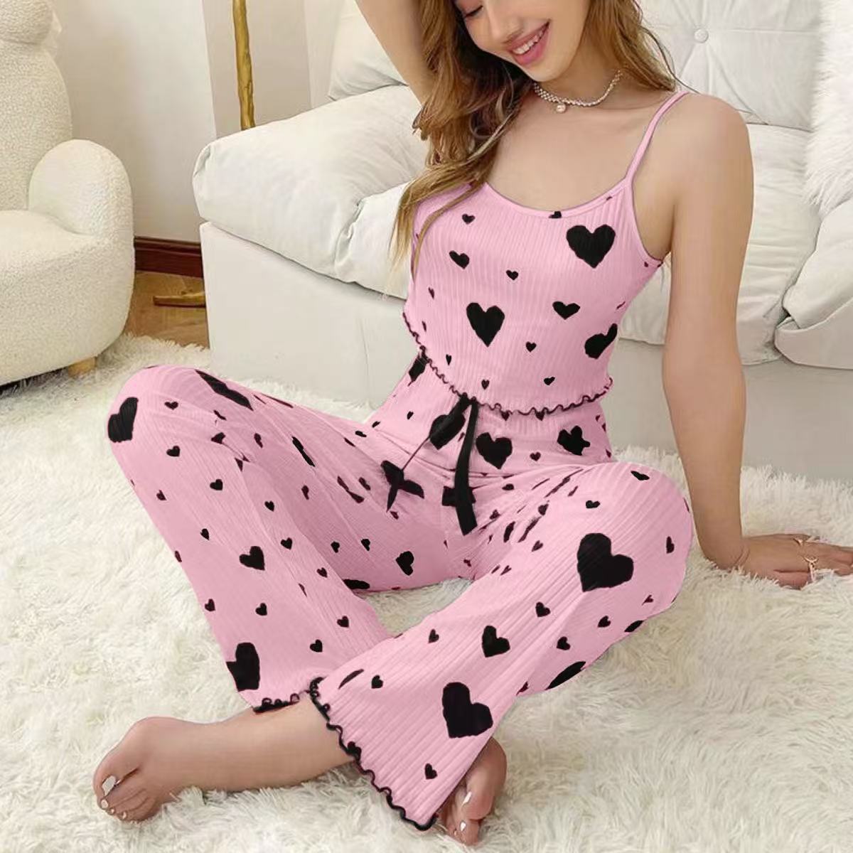 💞 🔥 Damen 2-Teilig Geripptes Pyjama-Set Mit Herzdruck Trägertop Und Langen Hosen Loungewear