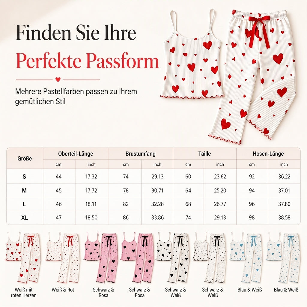 💞 🔥 Damen 2-Teilig Geripptes Pyjama-Set Mit Herzdruck Trägertop Und Langen Hosen Loungewear