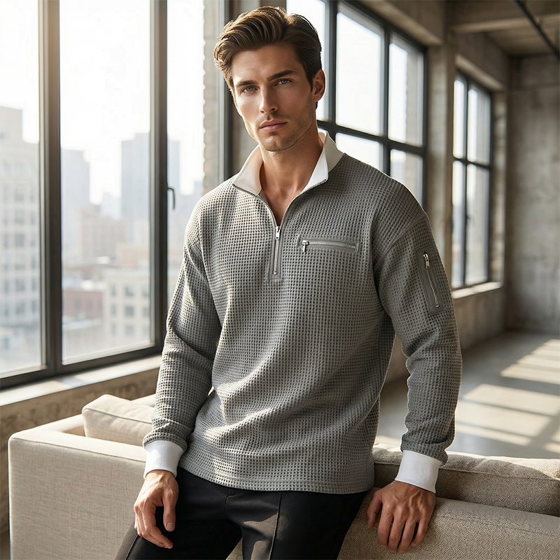 🔥Beliebtes Produkt ！✨Herren Waffelstrick-Pullover mit Viertelreißverschluss