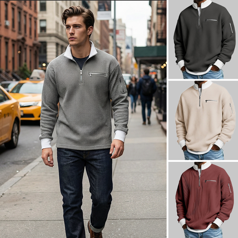 🔥Beliebtes Produkt ！✨Herren Waffelstrick-Pullover mit Viertelreißverschluss