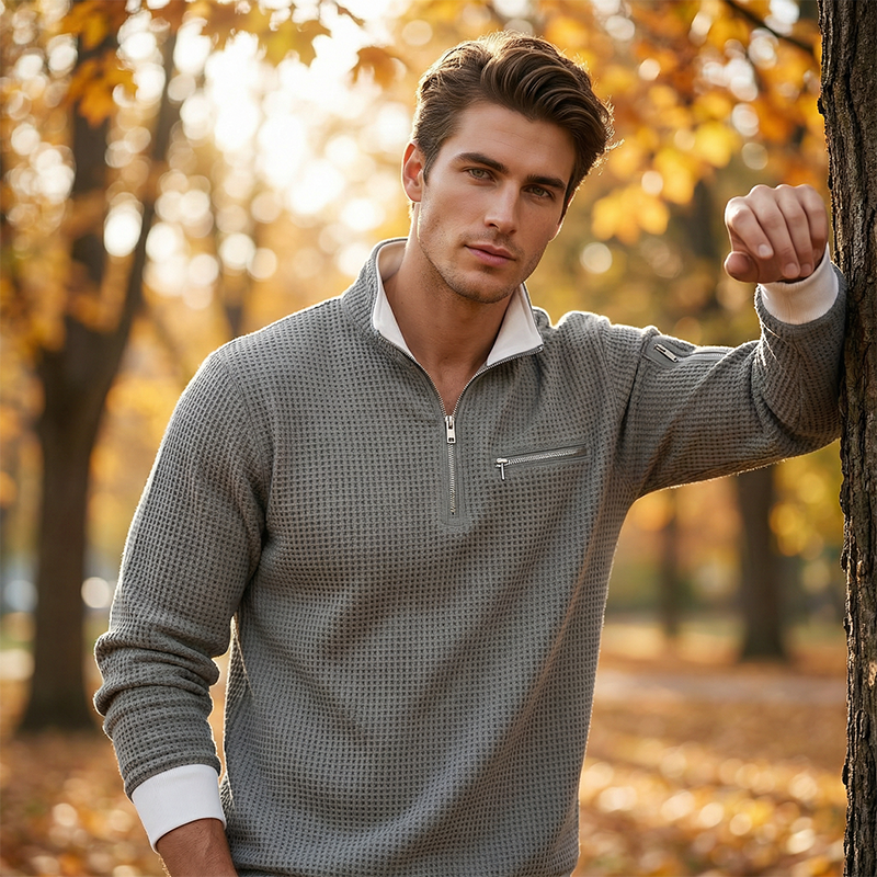 🔥Beliebtes Produkt ！✨Herren Waffelstrick-Pullover mit Viertelreißverschluss